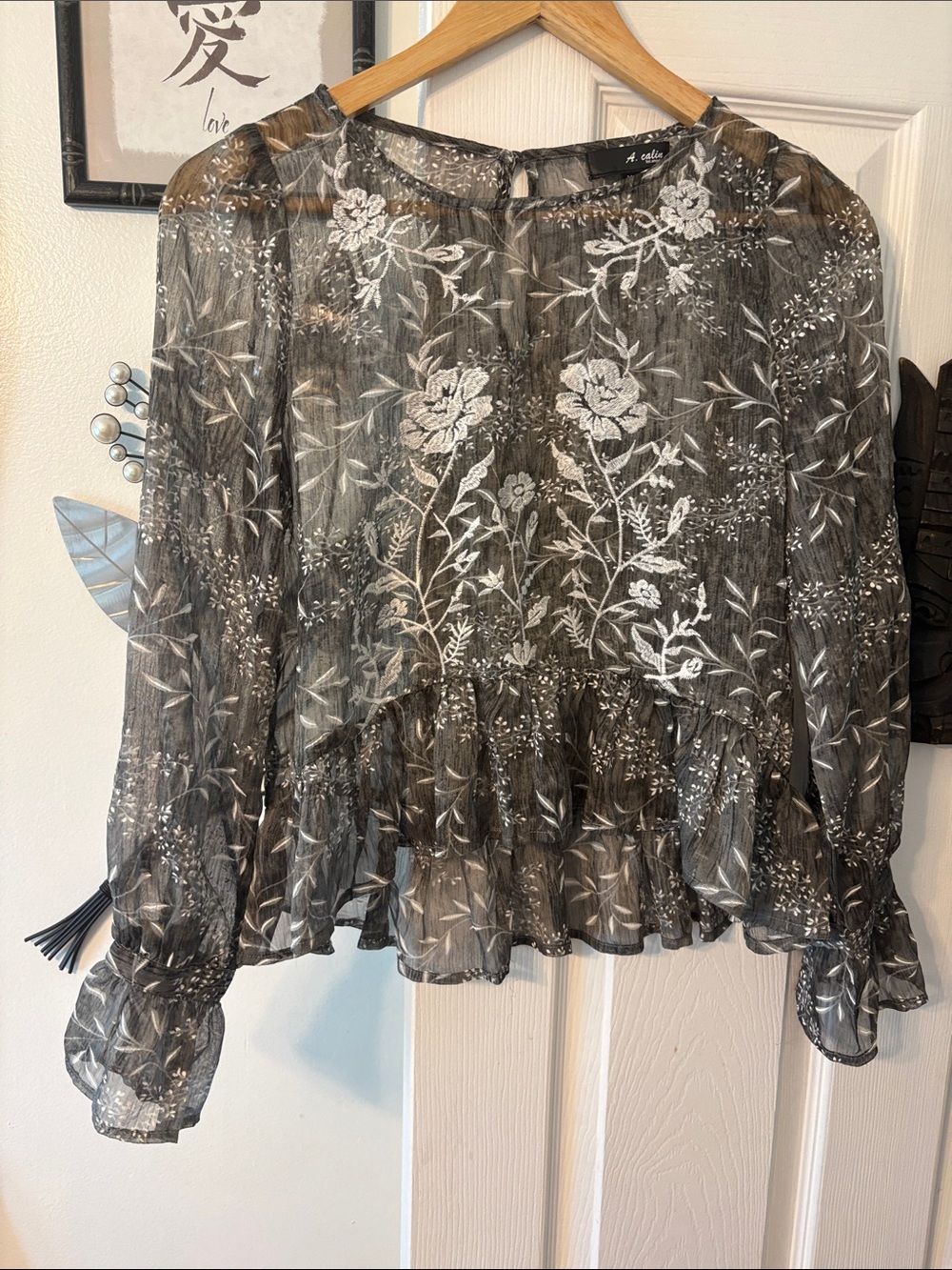 Sheer Floral Ruffle Blouse - Black/White